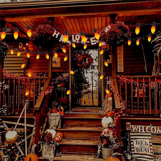 C7 LED Orange Halloween Lights, 25Ft Outdoor Halloween Decorations String Lights Waterproof with 27 Orange LED Bulbs, Vintage Christmas Lights for Halloween Outdoor Indoor Patio Home Party Garden Yard