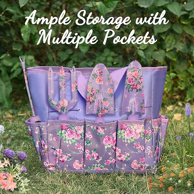 Gardening Tools, WisaKey 10 Piece Heavy Duty Purple Garden Tools Set with Non-Slip Ergonomic Handle, Durable Fashion Garden Tool Organizer HandBag, Ideal Gardening Hand Tools Gardening Gifts for Women