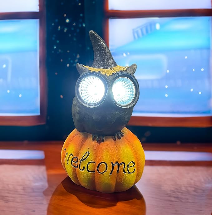 coolboy Pumpkin Owl Garden Statue,Waterproof LED Lights Outdoor Decor,Resin Owl Ornament,Pumpkin Lantern Indoor Figurines for Patio Garden Table Decor for Ourdoor Garden