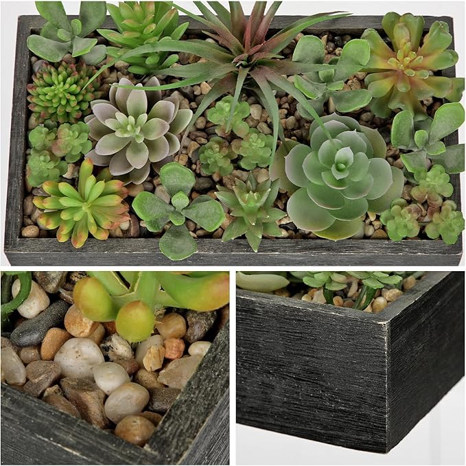 Artificial Succulent Plants in Pot 10 Inch Fake Succulent Arrangement Potted Succulents Plants Centerpiece in Rectangular Wooden Planter for Home Office Desk Shelf Living Room Bedroom Farmhouse Decor