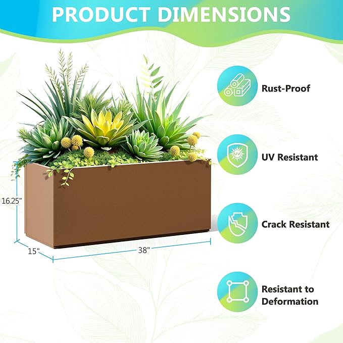 FENCY Large Metal Planter, Large Rectangular Planters for Outdoor Plants, Tall Outdoor Planters for Porch Patio, 38" L x 15" W x 16.3" H Brown Metal Planter with Drainage Hole