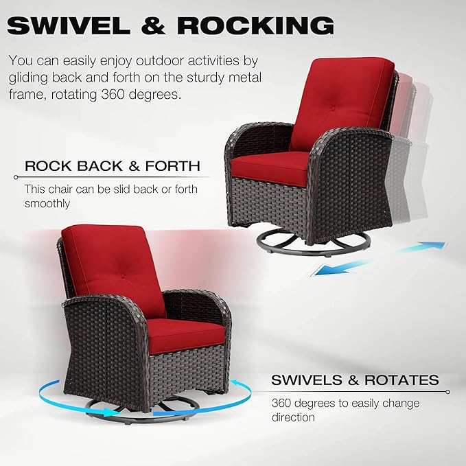 Joyside 5 Piece Patio Furniture Set, Outdoor Swivel Chair Sets with Thick Cushion and Ottoman, Wicker Patio Conversation Set for Porch, Deck Use (Brown/Red, 5 PCS)