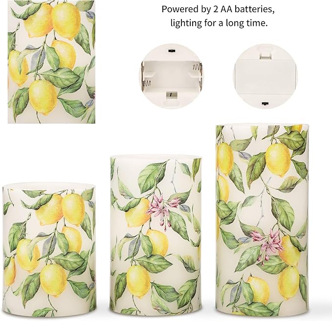 Flameless Candles Lemon Decor Battery Operated Lights with Remote Real Wax Flicker Electric Pillar Fake Candle for Home Bridal Shower Coffee Table Party Decorations Birthday Gifts for Women