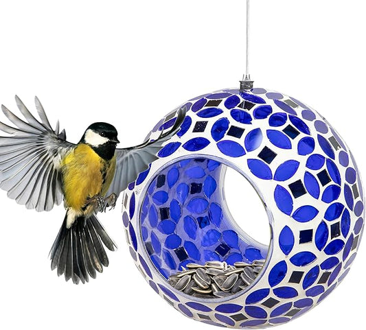 Sunnydaze 6-Inch Glass Mosaic Hanging Bird Feeder for Outdoors - Fly-Through Wild Bird Feeder - Lavender Mosaic