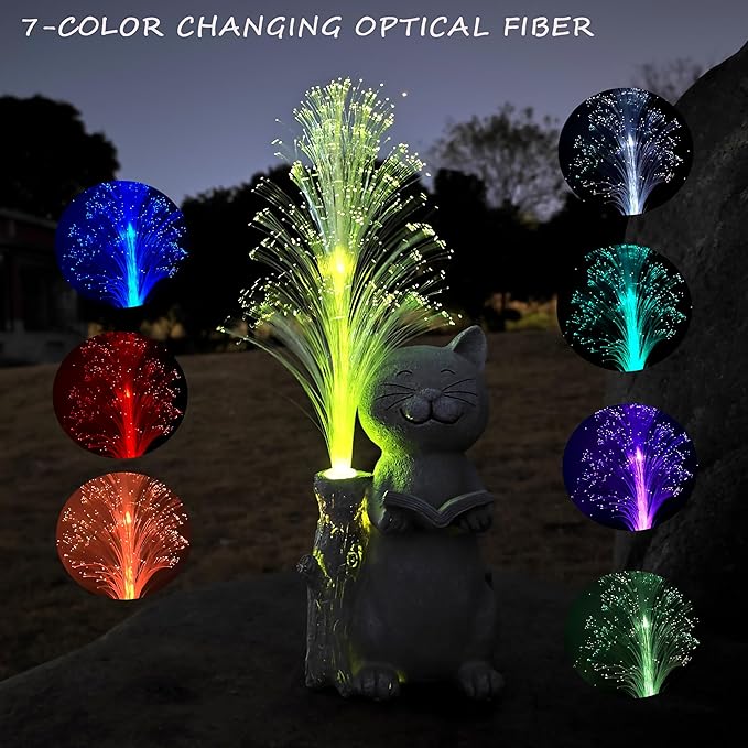 Cat Solar Garden Statues,Resin Cat Figurine Reading a Book and 7-Color Changing Optical Fiber with Solar Lights, Lawn Decor Outdoor Statue for Patio,Balcony,Yard,Lawn Ornament
