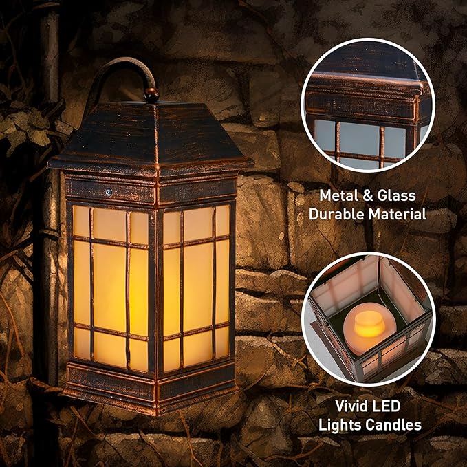 14" Solar Lantern Outdoor Waterproof, Glass Flickering Flame Solar Lanterns, Hanging Metal Lantern Decorative for Patio Front Porch Garden Backyard Tabletop Mothers Day Gifts Mom
