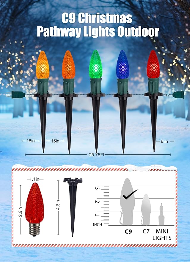 C9 Christmas Pathway Lights Outdoor, 25.7 Feet 20 LED C9 Strawberry Walkway Lights with Marker Stakes, Connectable Shatterproof C9 String Lights for Lane Outside Yard Decorations, Multicolored