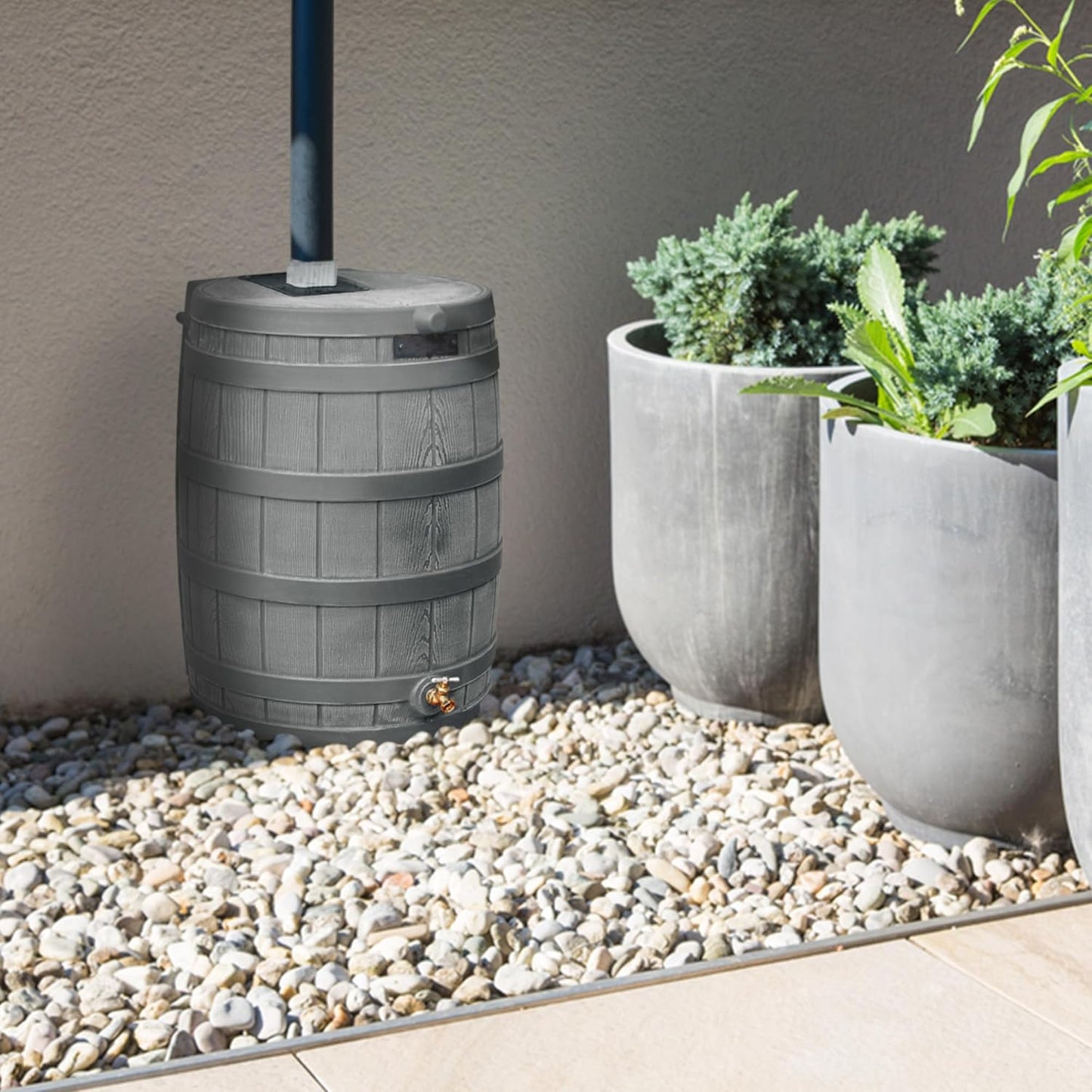 Good Ideas Rain Wizard 50 Gallon Plastic Outdoor Home Water Storage Tank Rain Barrel Collector with Brass Spigot and Flat Back Design, Gray