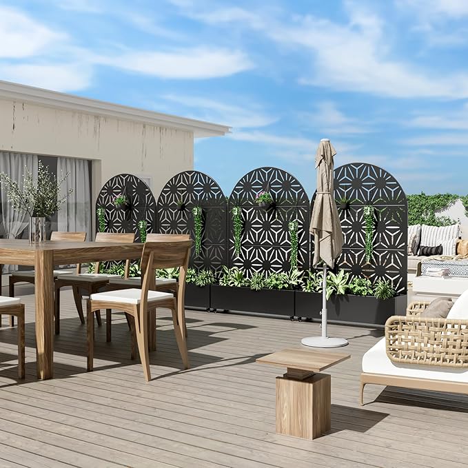 Casaphoria Metal Raised Garden Bed with Trellis and Wheels, 72"x47"x16" Arched Planter Box for Climbing Plants, Vegetables & Vines, Features Drainage Holes and Privacy Screen (Black-Star)