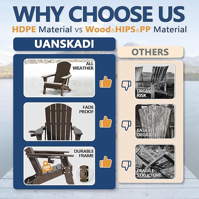 Folding Adirondack Chair Set of 2 with Cup Holder, HDPE All Weather Resistant Plastic Outdoor Patio Chairs, Heavy Duty Fire Pit Seating for Backyard Lawn Garden, Wooden Textured Design(Coffee)