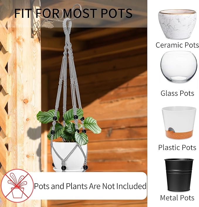 3 Pack Macrame Plant Hanger - 43"/35"/29" Different Sizes, Hanging Planter Basket Flower Pot Holder for Indoor Outdoor, with Wood Beads, Boho Home Decor, Gray (POTS NOT Included)