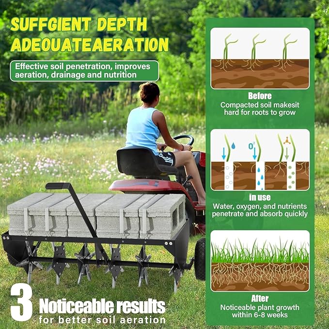 Doniks 48-Inch Tow Behind Lawn Plug Aerator with Universal Hitch, Lawn Aerator Tow Behind with 30 Galvanised Steel Tines,Tray and Inflatable Wheels for Gardens, Lawns, Farms