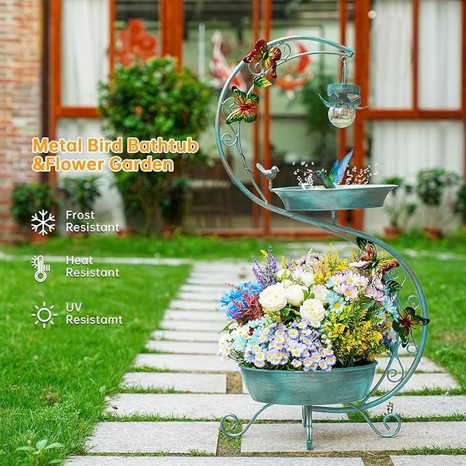 Bird Bath for Outside with Solar Lamp, 36" Birdbaths for Outdoors with Planter Flower Pot, Metal Bird Bath Bowl for Garden Yard Decor (All Blue Green)