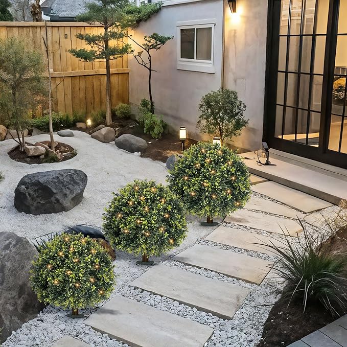 ICX 2 Pack 24" Artificial Boxwood Topiary Ball Trees with Ground Spike,Artificial Plants Outdoor,Fake Bushes & Shrubs for Porch, Garden, Front Porch Decor - Indoor/Outdoor Faux Plants