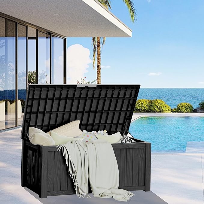 Extra-Large 150 Gallon Outdoor Chest Storage Waterproof - Outside Storage Box & Bench, Resin Deck Chest for Patio/Pool, Lockable UV-Resistant, Onyx Black