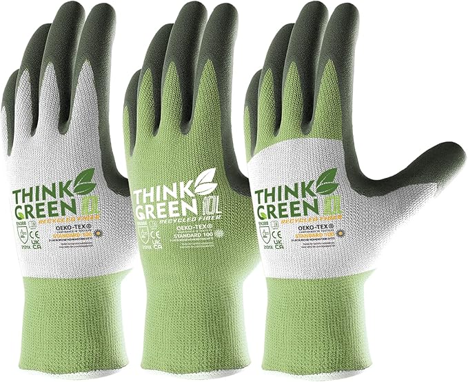 COOLJOB 3 Pairs Gardening Gloves for Women Men, 100% Recycled Polyester with Rubber Coated for Garden Patio Yard Lawn Work, Green, White & Grey, Large Size
