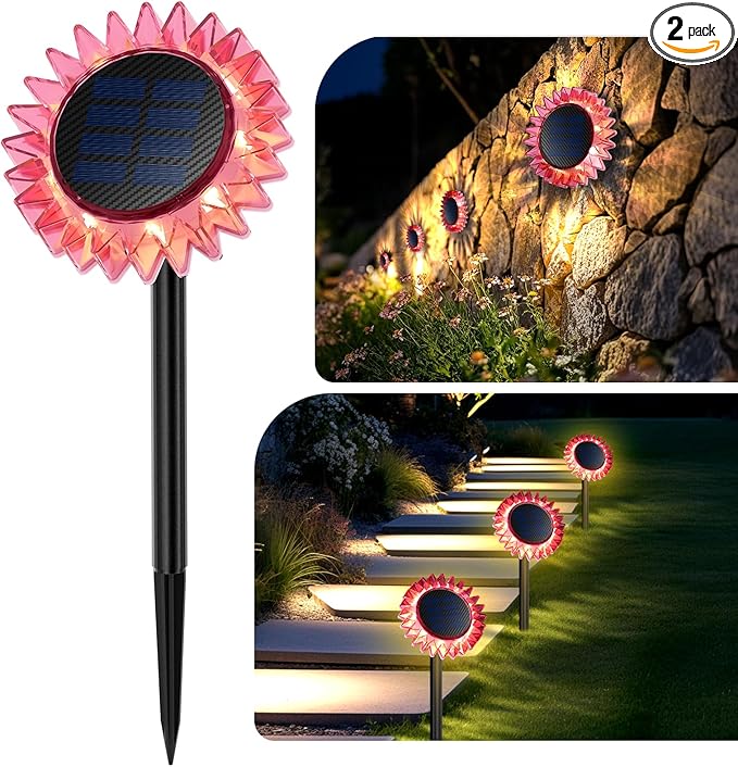 Hogni Solar Pathway Lights - 2 Pack LED Sunflower Garden Light, Waterproof Outdoor Decor for Wall, Lawn, Yard, Walkway, Patio, Landscape