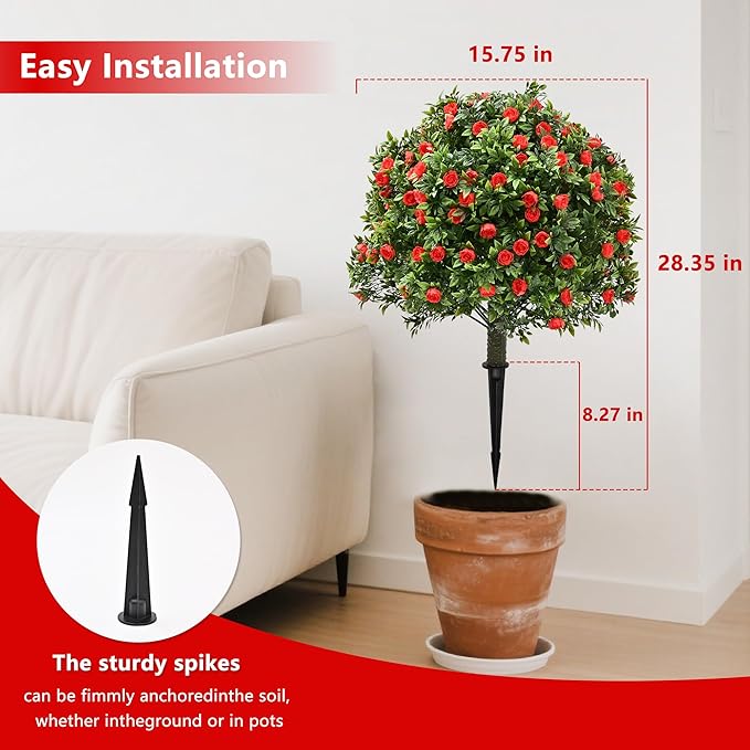 28" Artificial Boxwood Topiary Tree with Rose, Set of 2 Artificial Shrub Bushes with Ground Spike, Fake Evergreen Tree for Porch, Artificial Plants for Outdoor Planters Indoor UV Resistant