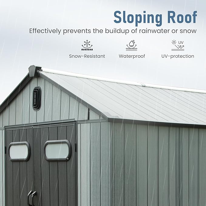 Domi 8x6 FT Outdoor Resin Storage Shed, All-Weather Double-Wall Storage Building for Backyard, Garden, Lawn Tools, Mower, Bike & Pool Equipment, Lockable Doors, Ventilated Roof, Grey