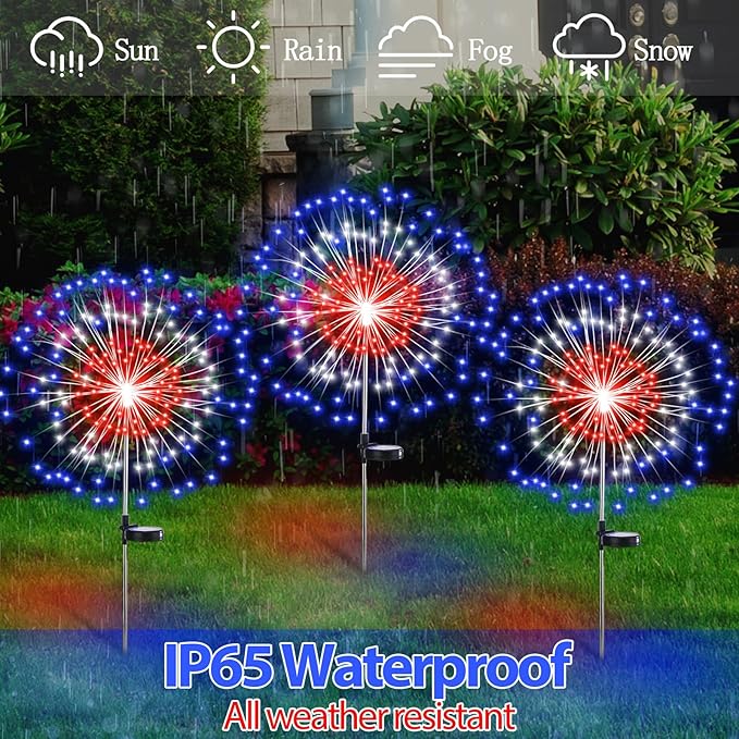 4th of July Decorations Outdoor 4 Pack Solar Power Yard Firework Lights Patriotic Garden Waterproof Solar Lights with 180 LED 8 Modes for Independence Day Party Decoration(Red, White, Blue)