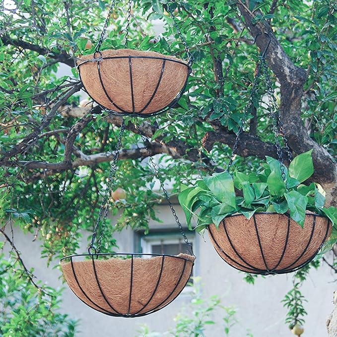 4 Pack Hanging Planter Basket Outdoor Large Hanging Flower Pots Indoor 12 inch with Coco Coir Liner Round Wire Plant Holder Chain Hanging Basket Garden for Home Decor Balcony Office1