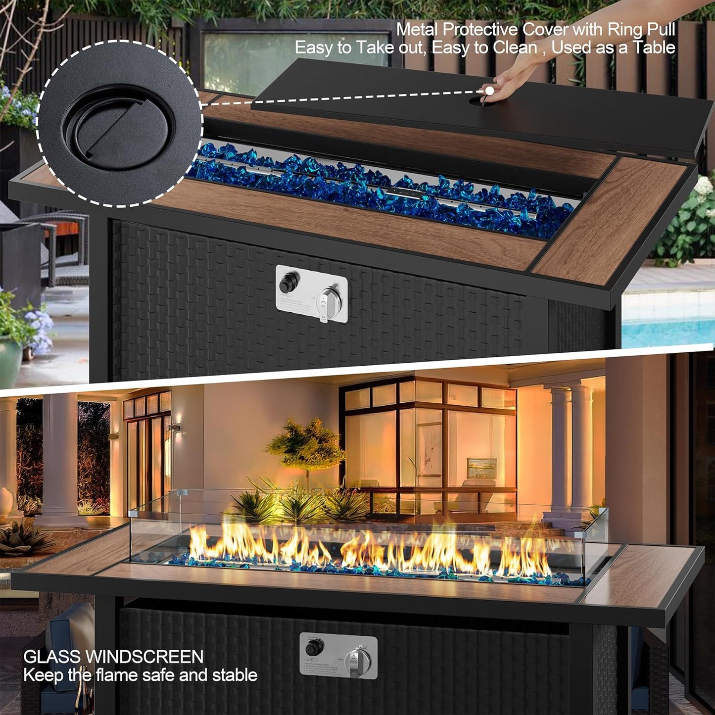 45 inch Outdoor Propane Fire Pit 50,000 BTU Gas Fire Pit Table with Walnut Tabletop, Glass Wind Guard, Waterproof Cover, Rectangle Gas Firepit Table for Garden/Patio,CSA Certification