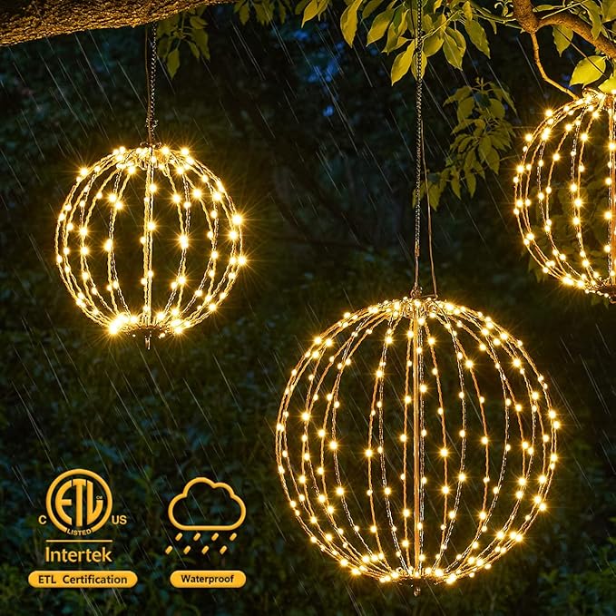 Christmas Ball Sphere, 10IN 48LED Hanging Tree and Pathway Light With Hook and Stake, Foldable Metal Frame for Outdoor Garden, UL Listed, White Frame, Warm White