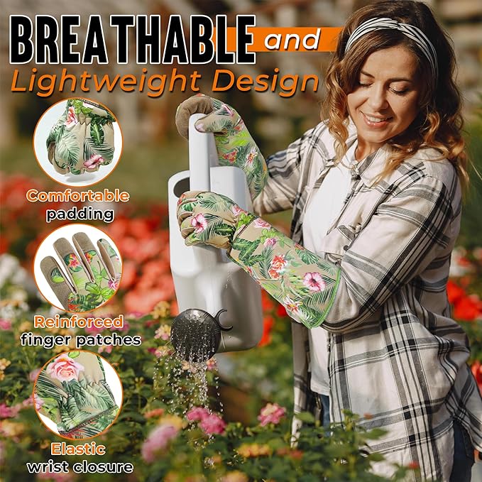 HANDLANDY Leather Gardening Gloves for Women, Thorn Proof Breathable Ladies Rose Pruning Garden Gauntlet Yard Gloves, Gift for Gardeners (Khaki, S)