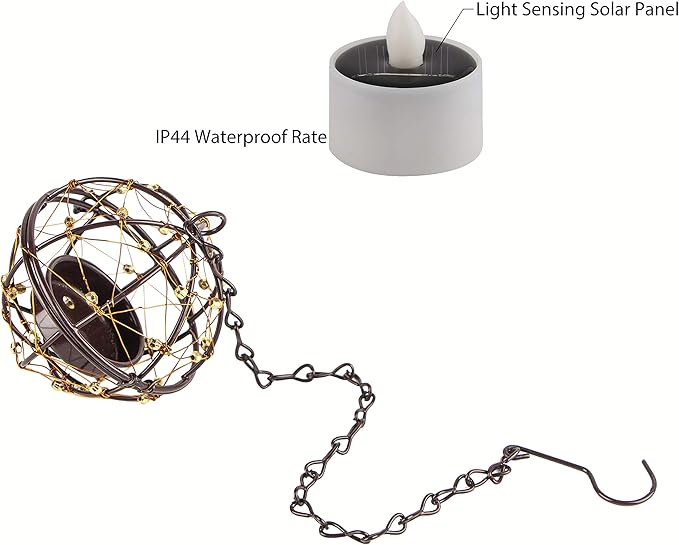 Solar Lights Outdoor Hanging Lanterns, ZHONGXIN Beaded Copper Wire Ball Candle Holder with Solar Tea Lights, Perfect for Home, Garden, Backyard, Pergola, Patio Umbrella, Tree, Window Decor-Set of 4