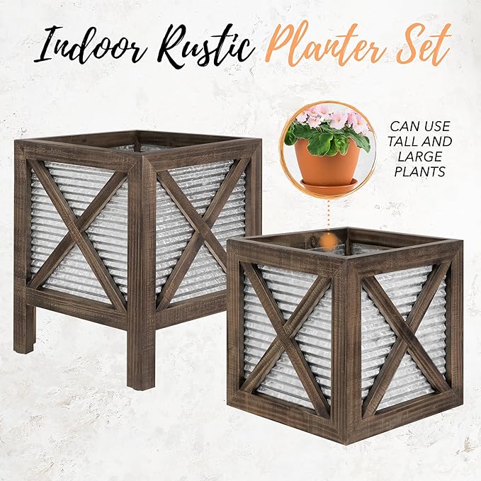 Autumn Alley Farmhouse Front Porch Planters Set of 2 Stand with Galvanized Corrugated Metal Planters for Outdoors/Indoors - Rustic Wood Square Planters Box on Legs – Charming Farmhouse Décor, Brown