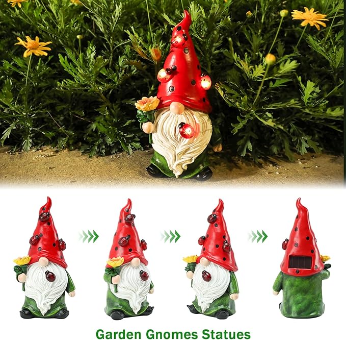 Garden Gnome Statue, Resin Sunflower Ladybug Gnome Figurine with Solar Lights for Porch Patio Yard Outdoor Decor