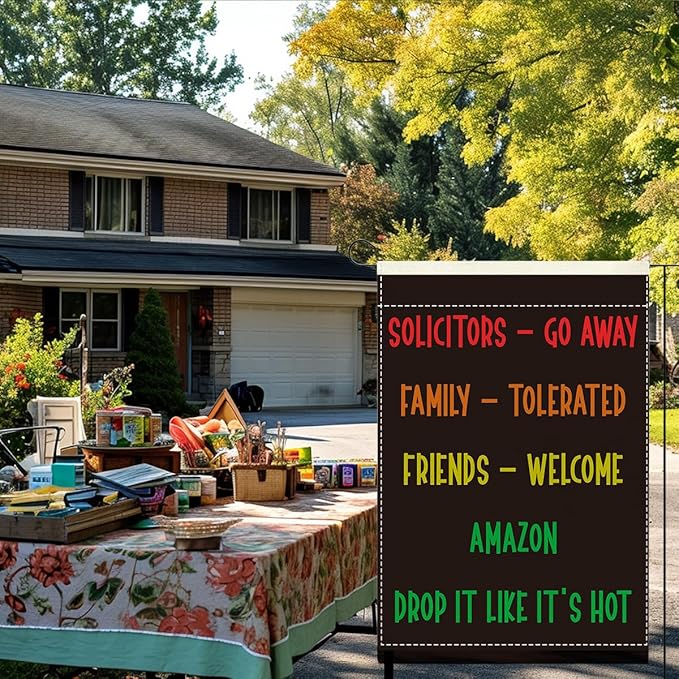 Funny Welcome Sarcastic Garden Flag Outdoor Decorations Go Away Family Tolerated Friends Small Double Sided Burlap art Stained Glass Style Garden Flags 12 x 18 Inch for Outside