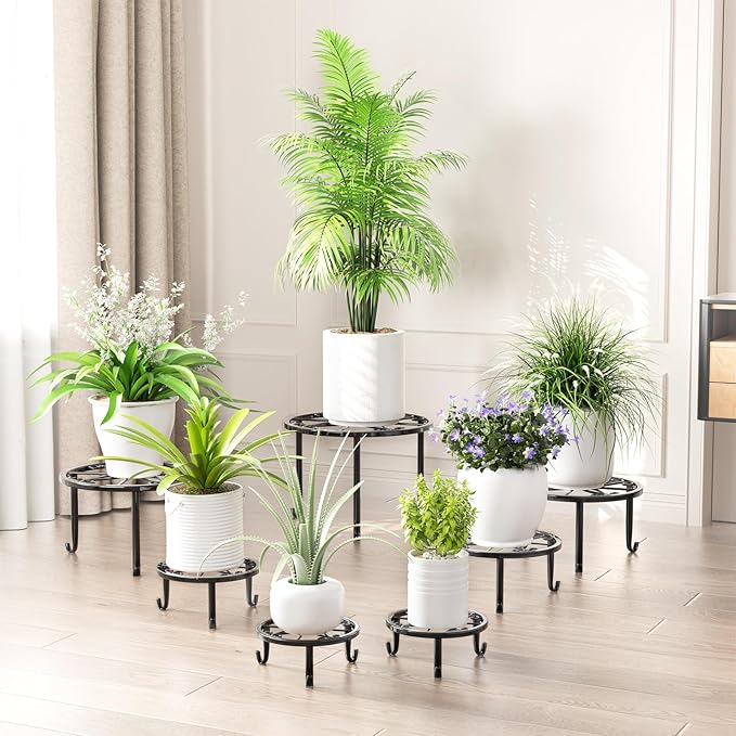 ZUIYIN 7 Pack Metal Plant Stands for Outdoor Indoor, Anti-Rust Iron Flower Pot Stands Outdoor Plant Stands, Indoor Floor Plant Holder Heavy Duty Plant Shelf for Patio, Home Garden Decor Racks(Black)