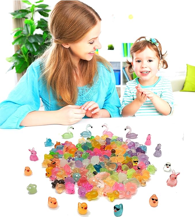 150pcs Mini Resin Animals Figures to Hide Luminous Tiny Animals Ducks Dinosaurs Flamingos Miniature Figurines Glow in the Dark for Fairy Garden Dollhouse Landscape Aquarium Potted Party Favor Decor