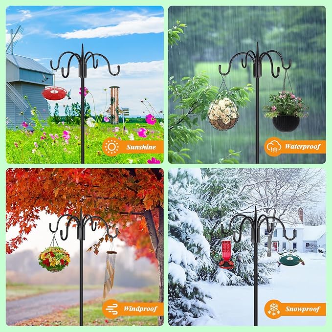 FEED GARDEN [Upgrade Version 76 Inch Four Shepherd Hooks for Outdoor,Bird Feeder Pole with 5 Prong Base, Adjustable Shepard Hooks for Hanging Plant, Solar Lanterns, Wind Chimes, 2 Pack