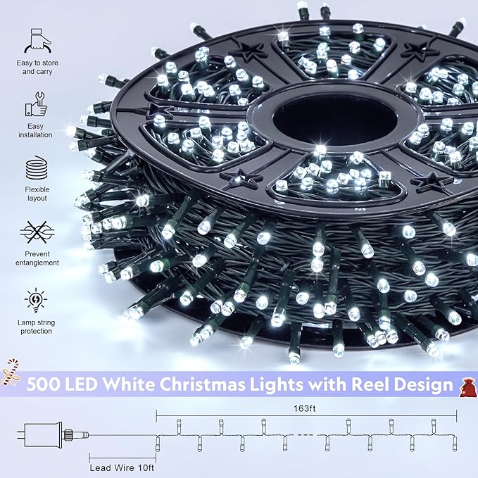 JMEXSUSS 500 LED White Christmas Lights Outdoor, 173ft 8 Modes Christmas Tree Lights, Waterproof Christmas Twinkle String Lights Green Wire for House Wedding Party Xmas Indoor Decorations