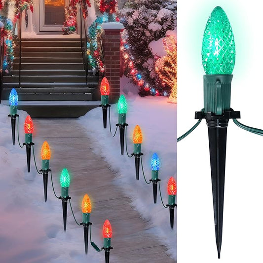 JOIEDOMI 30.75FT C9 Christmas Pathway Strawberry Stake Lights 24 LED, Multicolor Outdoor Faceted Walkway Decor with Marker Connectable for Holiday Xmas Yard Garden Lawn