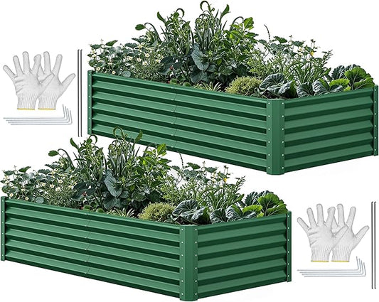 YITAHOME 6x3x1.5 2pcs Large Raised Garden Bed Kit, Galvanized Metal Planter Box with Gloves, Ground Nails, Support Rod, Outdoor Above Ground Planters for Plants Vegetables Flowers, Green
