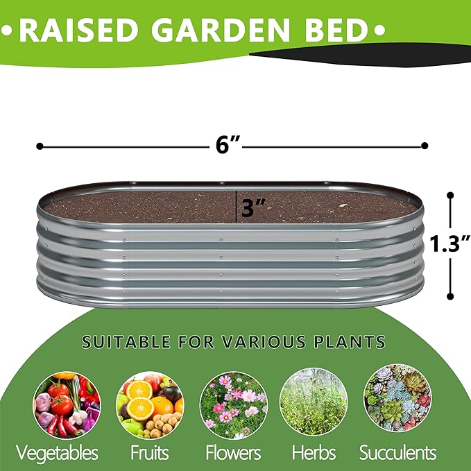 6x3x1.3 Oval Galvanized Raised Garden Bed,Outdoor Planter Box Metal Patio Kit Planting Bed for Vegetables Flowers and Succulents