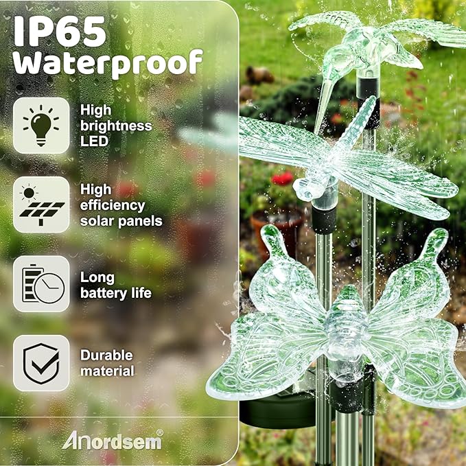 Anordsem Solar Garden Lights Outdoor: 3 Waterproof PVC Insect Light Heads - Changeable Color LED Stake for Homeowners Patio Decoration - Gardening Gifts for Garden Enthusiasts