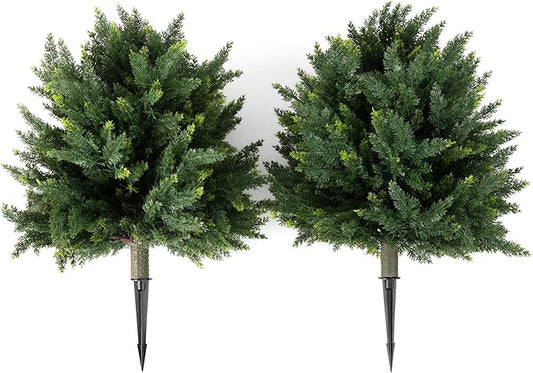 Premium 16" Diameter Artificial Cypress Topiary – Set of 2 Faux Plants with Ground Spikes – UV-Resistant, Realistic Outdoor & Indoor Greenery – Weatherproof Garden Landscaping Décor