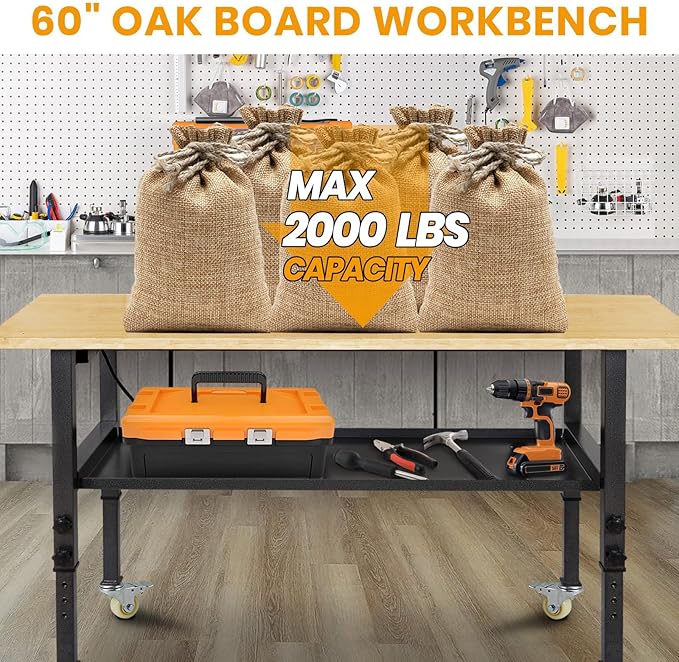 48"/60'' Adjustable Workbench, Rubber Wood Top Work Bench Heavy-Duty Work Table with Power Outlet, Wheels, Partition 2000 LBS Load Capacity Hardwood Work Benches for Garage, Workshop, Home, Office