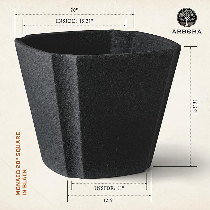 ARBORA 20" Monaco Square Polyresin Indoor and Outdoor Planter with Classic Black Finish - Durable, Weatherproof, Lightweight, Large Plant Pot for Patio, Garden, Deck, Entryway