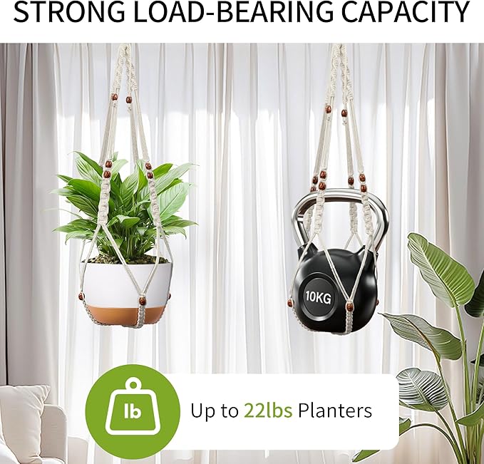 43 Inch Macrame Plant Hanger - Fits 6-15 Inch Pots, Extra Long Hanging Planter Holder for Indoor Outdoor, with Red Wood Beads, Boho Home Decor, 2 Pack, Ivory (POTS NOT Included)