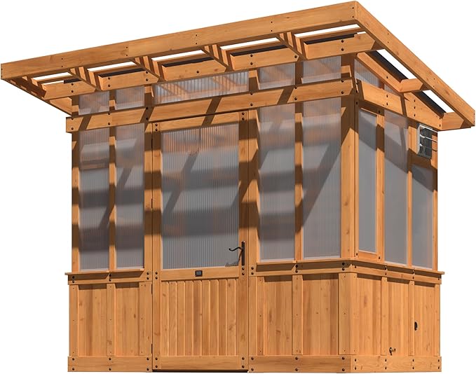 Backyard Discovery Poppy 9' x 6' Cedar Wood and Polycarbonate Walk-in Greenhouse Kit with Exhaust Fan, Windows, Hose Hook-Ups, PowerPort, Staging Shelves, Plant Hooks for Year-Round Outdoor Gardening