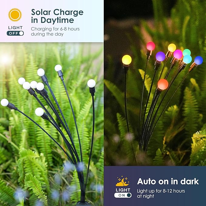 Solar Firefly Garden Lights - 60 LED Outdoor, Wind Sway, Waterproof for Yard, Patio, Pathway (6 Pack)