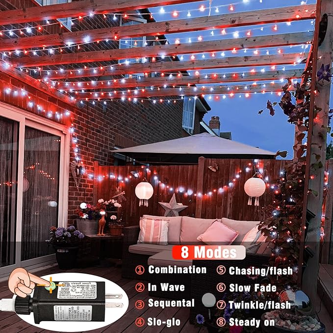 300 LED Christmas Lights Outdoor - 99ft Extra Long Christmas String Lights 8 Modes Plug in Waterproof Fairy Lights with Timer Memory for Indoor Outside Bedroom Home Party Decoration, Red&White