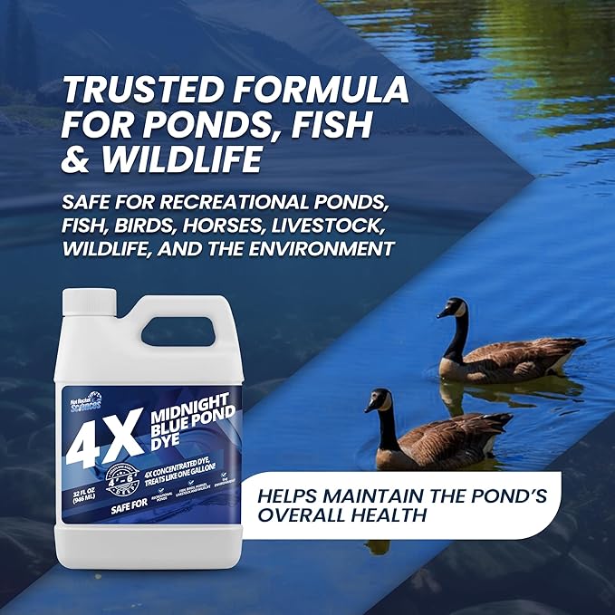 32oz Midnight Blue Pond Dye, 4X Concentrate Pond Dye Blue, Dark Natural Looking Aquashade for Beautiful Lake Water, Long-Lasting Colorant, Protects Against Sunlight - Ideal for Fish & Wildlife