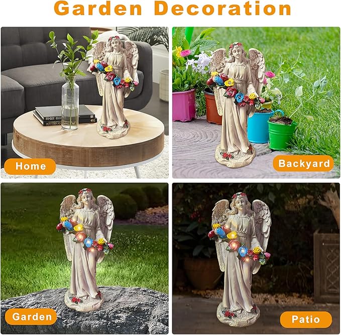 Angel Statues for Garden, Solar Angels for Outside, Angels Sculpture Holding Wreath for Outdoor Patio Lawn Balcony Ornament Gifts for Women/Mom/Grandma