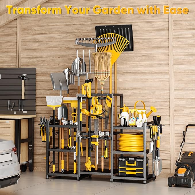42" H Large Garden Tool Organizer, Holds Up to 86 Tools, Heavy Duty Yard Tool Organizer for Garage, 61“ Wide Lawn Freestanding Tool Storage Rack for Outdoor Shed Tool Rake, Shovel, Brooms